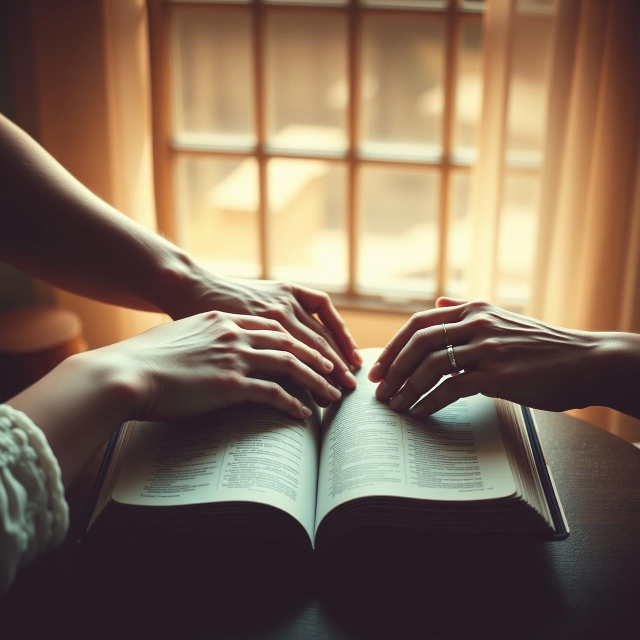 Three generations of hands resting on an open family bible