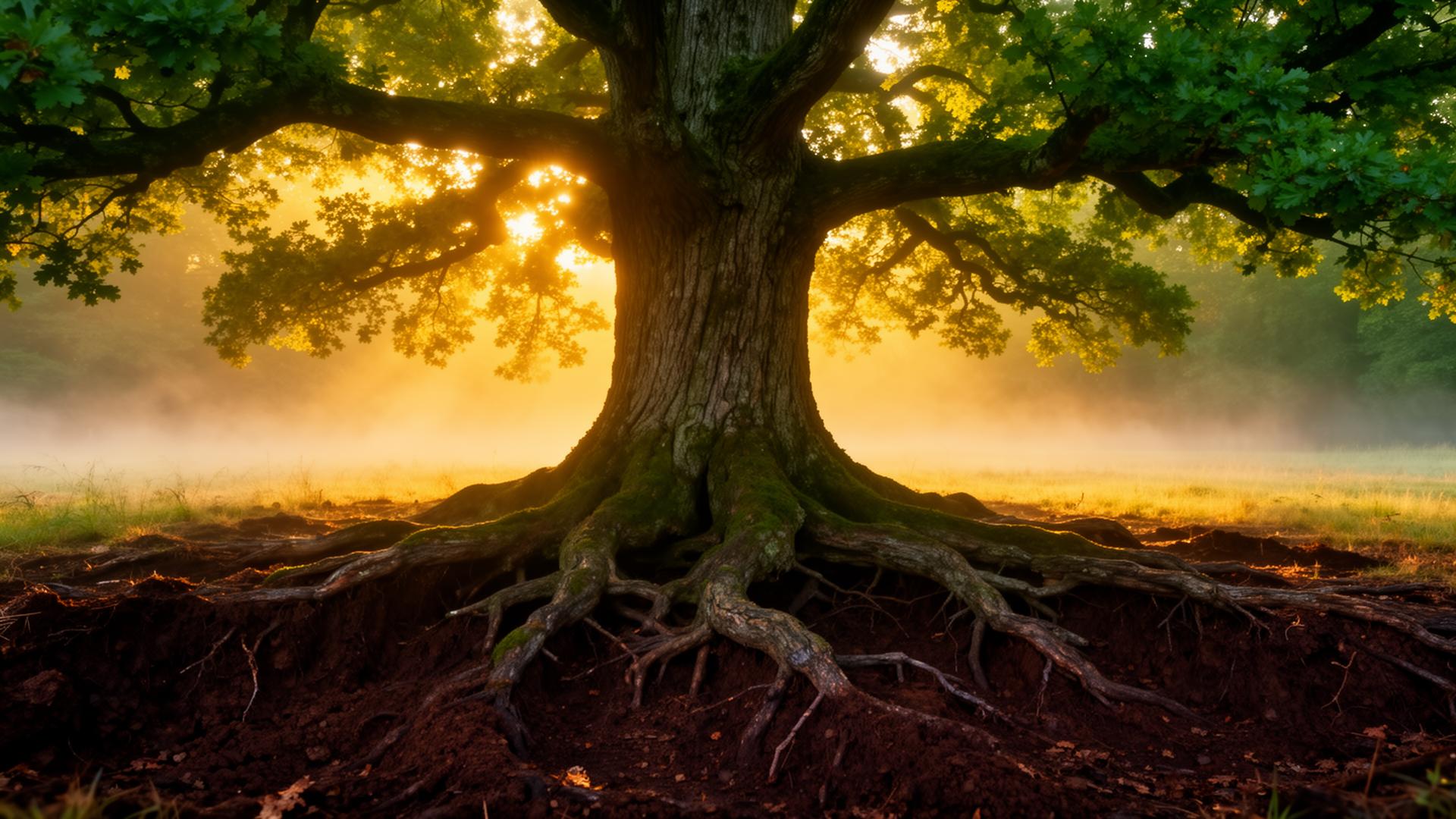 Ancient oak with deep roots at golden hour