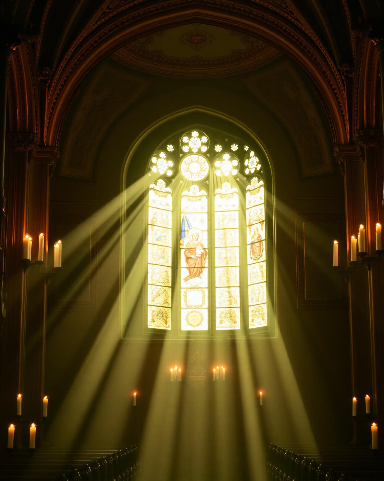 Candlelit church with stained glass light